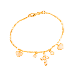 Pulseira Cruz de Pérolas , Coração Madrepérola e Ponto de Luz